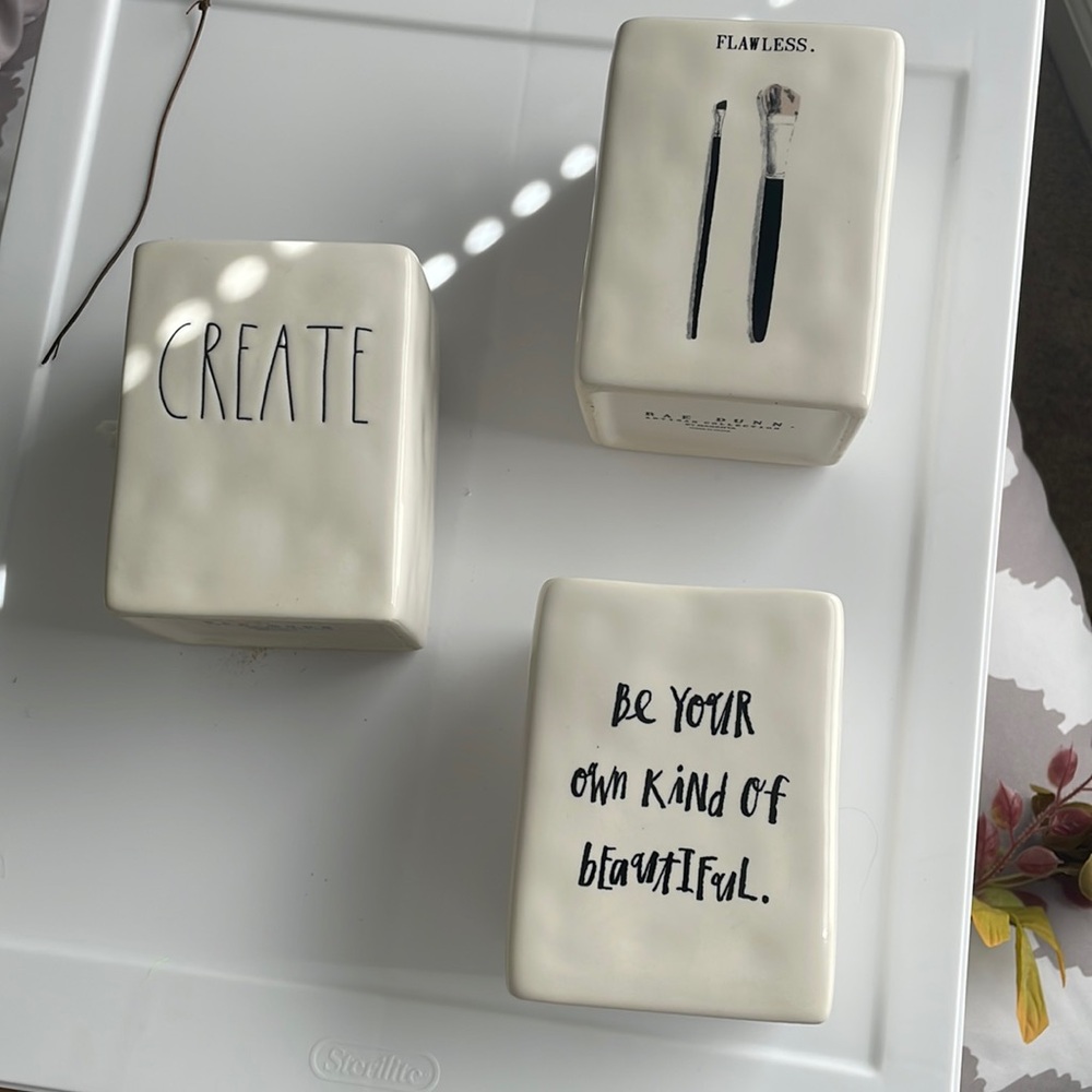 Brush or (anything) holder by Rae Dunn 
Says create!!

Rae Dunn flawless makeup